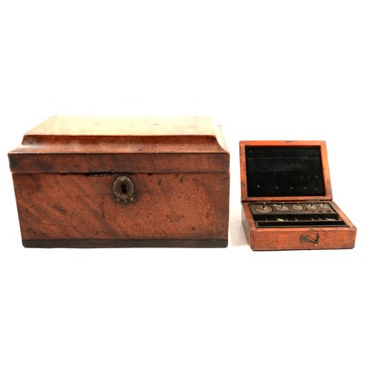 Lot 143 - Victorian mahogany wall mirror, a walnut tea caddy and a set of postal weights