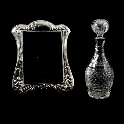 Lot 216 - Silver-framed mirror, Keyford Frames Ltd, London 1983, and silver-mounted glass decanter.