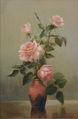 Lot 250 - Eve Scholefield, Still life of roses in a vase