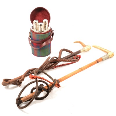 Lot 144 - Swaine hunting whip with antler handle, another hunting whip, and hunting flask.