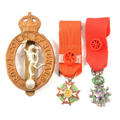 Lot 194 - Two French miniature dress medals and a Signals cap badge
