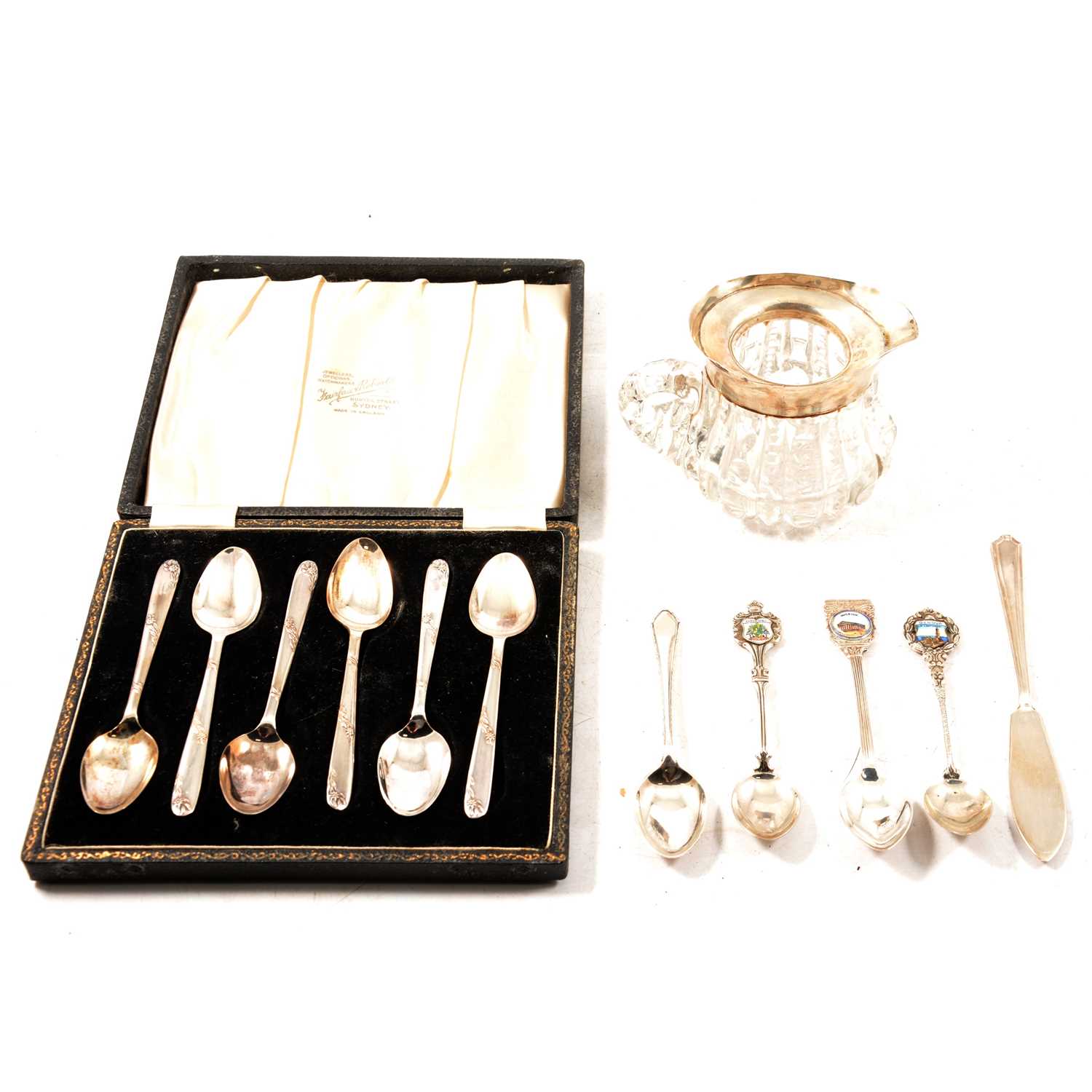 Lot 316 - Cased set of six silver teaspoon, condiment set, mustard pot, silver spoons, napkin rings, small jug.