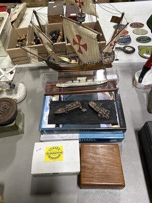 Lot 84 - Nauticalia quarter-size Vernier sextant, Millenium Morse Key, Titanic books and models.
