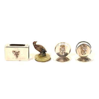 Lot 718 - Pair of silver fox mask menu holders, another bronze grouse holder and fox mask matchbox holder