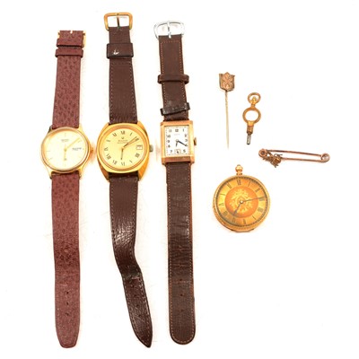 Lot 388 - A yellow metal pocket watch, gold wristwatches, two other wristwatches, and silver jewellery.