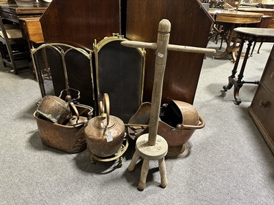 Lot 367 - Quantity of copper and brass fireside items, etc