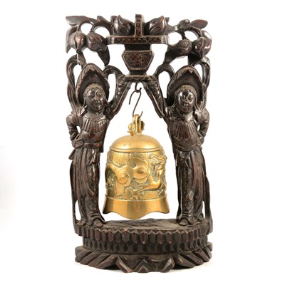 Lot 191 - Chinese carved hardwood and wirework inlaid temple bell