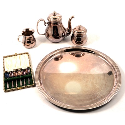 Lot 171 - Eight Omani white metal napkin rings, Cristofle silver-plated teaset and tray other plated wares.