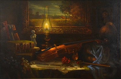 Lot 403 - Anthony Payton, Still life of a violin, oil lamp, books, flowers and painting