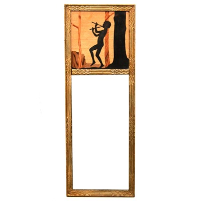 Lot 386 - A J Rowley, a marquetry mirror, 'The Piper (Evening)