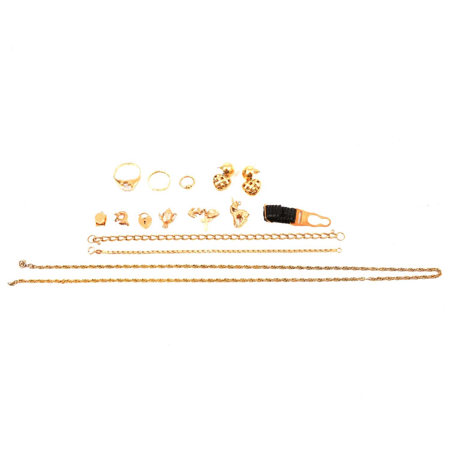 Lot 140 - A 9 carat yellow gold bracelet, chain, charms, rings, and other yellow metal and costume jewellery.