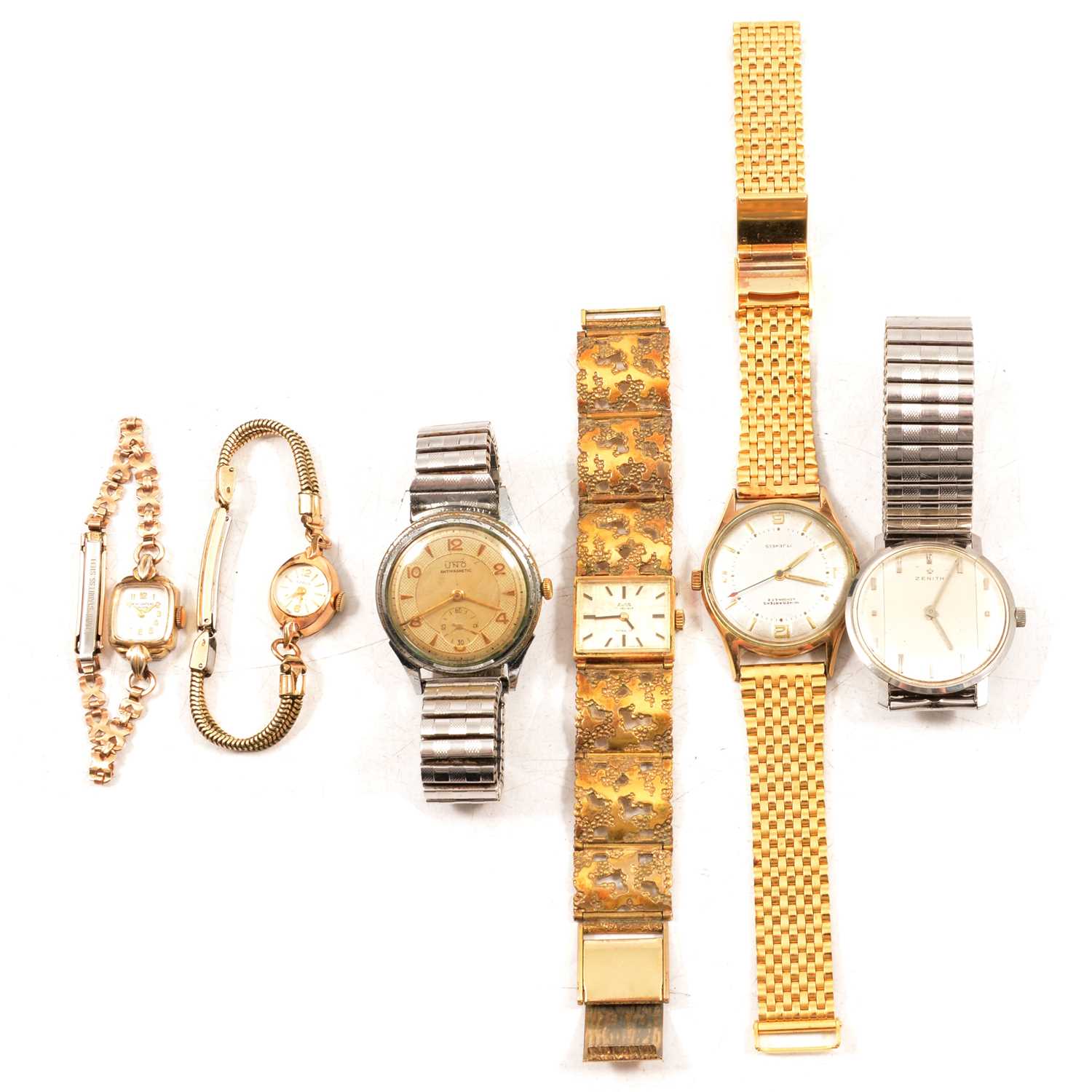 Lot 392 - Six vintage rolled gold and stainless steel wristwatches.