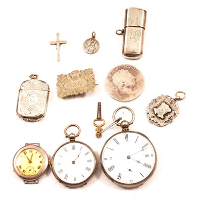 Lot 340 - Silver pocket watch, wristwatch, fob, vesta and other white metal and base metal items.