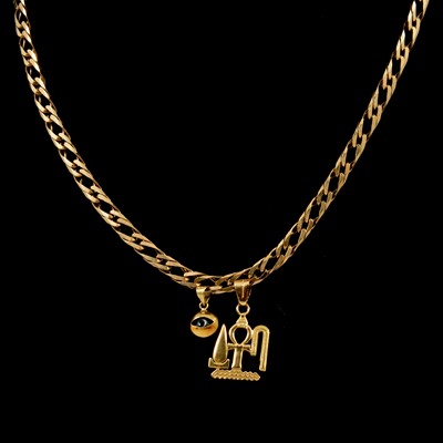 Lot 171 - A yellow metal chain necklace with two pendants attached.