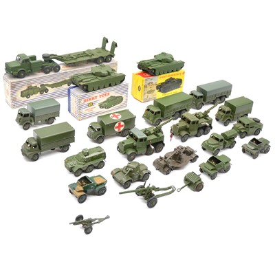Lot 55 - Dinky Toys models, two trays of military examples, including 660 tank transporter