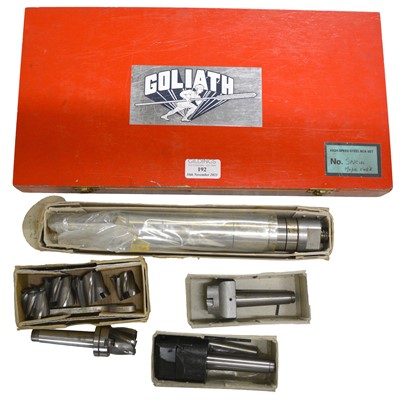 Lot 192 - Goliath special model engineer tap and die set, and four model engineer turning tools by Arrand engineering