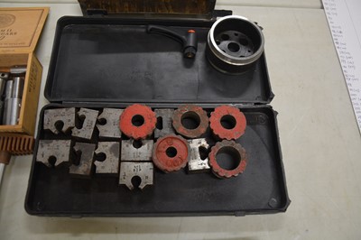 Lot 212 - Miscellaneous tools, including collets, drill grinding jigs, tap and die sets, vee blocks and clamps, etc.