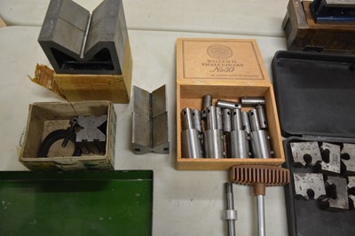 Lot 212 - Miscellaneous tools, including collets, drill grinding jigs, tap and die sets, vee blocks and clamps, etc.