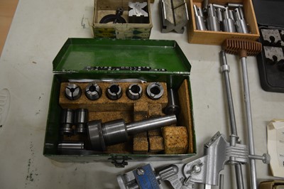 Lot 212 - Miscellaneous tools, including collets, drill grinding jigs, tap and die sets, vee blocks and clamps, etc.