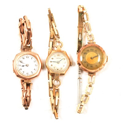 Lot 384 - Three gold lady's vintage wristwatches