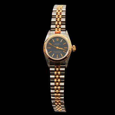 Lot 364 - Rolex - a lady's two tone Oyster Perpetual automatic wristwatch.