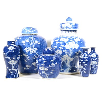 Lot 681 - Three Chinese blue and white prunus jars and three vases