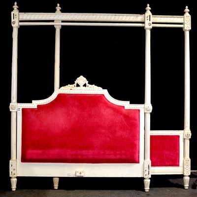 Lot 44 - French white painted four poster bed and a pair of bedside pedestals