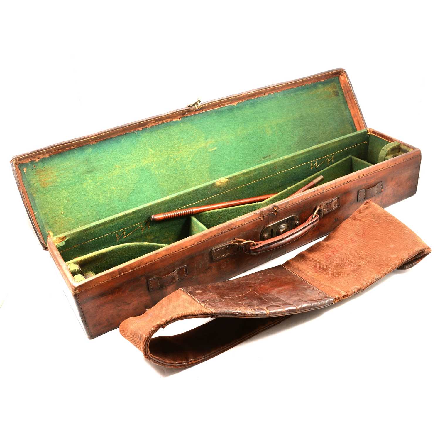 Lot 264 - Old leather gun case, canvas gun bag and a leather jerkin.