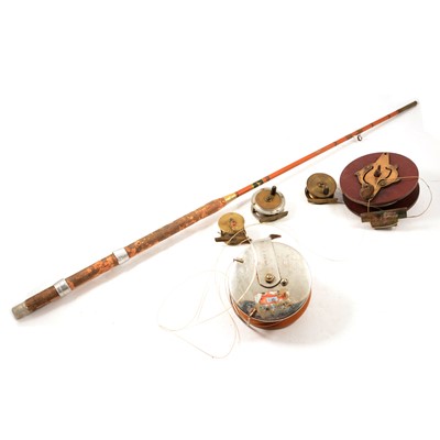 Lot 158 - Alvey fishing reel, other reels and a Allcocks rod.