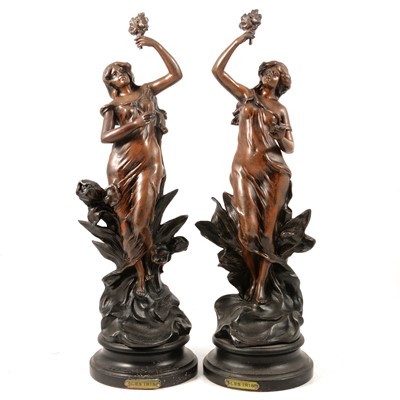 Lot 82 - After Charles Ruchot, Les Iris, pair of patinated spelter sculptures
