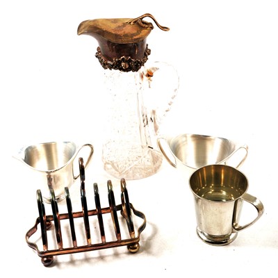 Lot 261 - Cut glass claret jug with silver mount (cracked and stapled), other silver plated wares.