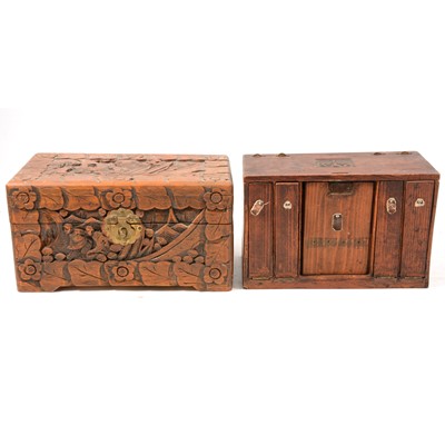 Lot 62 - A table top sewing box and a carved wooden box.