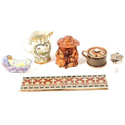 Lot 119 - Pearlware crib model, Prattware style jug, mocha ware lidded cup, and other ceramics.