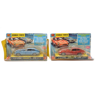 Lot 127 - Corgi Toys die-cast models, two 335 4.2 litre Jaguar E Type 2+2