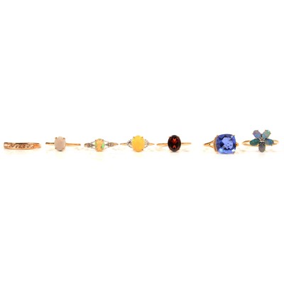 Lot 53 - Seven gemset gold rings, colour change fluorite, boulder opal and others.