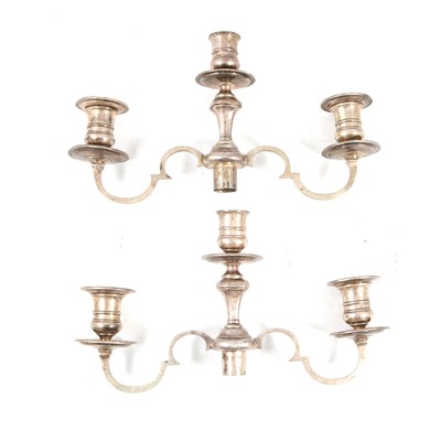 Lot 264 - Pair of silver three sconce candelabra, Thomas Bradbury & Sons Ltd, London.