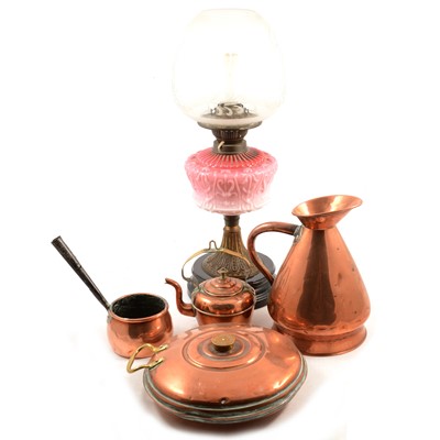 Lot 186 - Two Victorian oil lamps, and an assortment of copper and brass