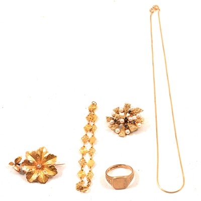 Lot 145 - Two gold brooches, chain necklace, bracelet, signet ring.