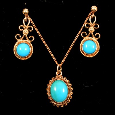 Lot 194 - A turquoise pendant and chain, earrings and brooch with pink stones.