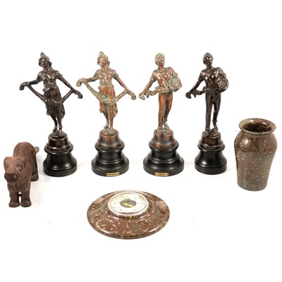 Lot 207 - A serpentine barometer and similar vase, cast iron dog nutcracker, pair of cast figures.