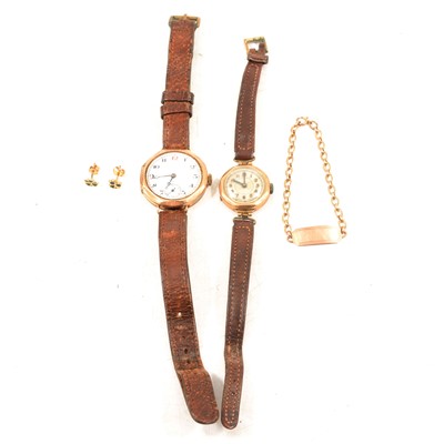 Lot 387 - Two vintage gold wristwatches, small bracelet, earrings.