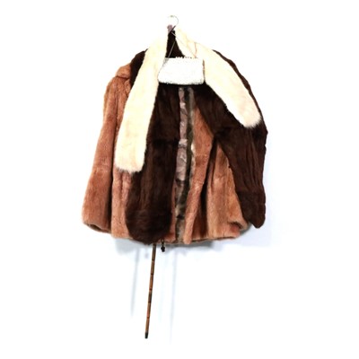 Lot 357 - Fur coat; fur stoles, jacket, lined parasol, cane and an evening bag.