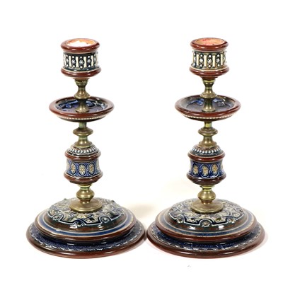 Lot 688 - Doulton Lambeth, a pair of stoneware and brass candlesticks, circa 1880