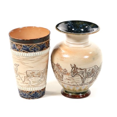 Lot 690 - Doulton Lambeth, two incised stoneware vessels by Hannah Barlow