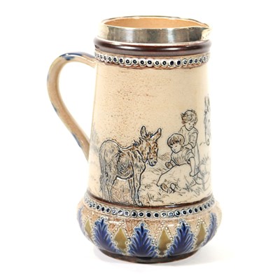 Lot 694 - Doulton Lambeth, a silver-mounted and stoneware jug, incised by Hannah Barlow, 1881