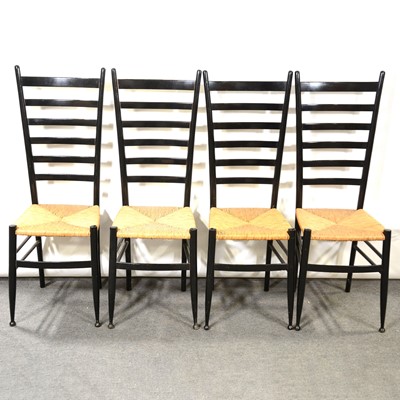 Lot 439 - Set of six ebonised ladderback dining chairs, and an ebonised dining table