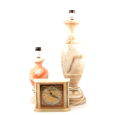 Lot 410 - Elliott onyx and malachite Deco mantel clock, and four onyx lamp bases