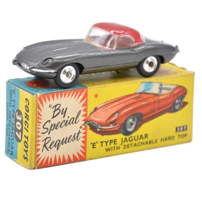 Lot 122 - Corgi Toys die-cast model, 307 E Type Jaguar, grey body, red roof, spun hubs, boxed.