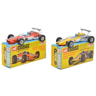 Lot 123 - Two Corgi Toys die-cast models, 158 Lotus-Climax F/1 and 159 Cooper-Maserati F/1.