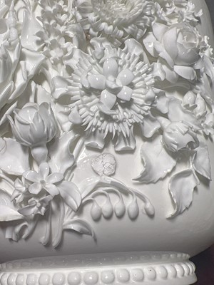 Lot 17 - Pair of large blanc de chine floral jardinieres, in the style of Belleek